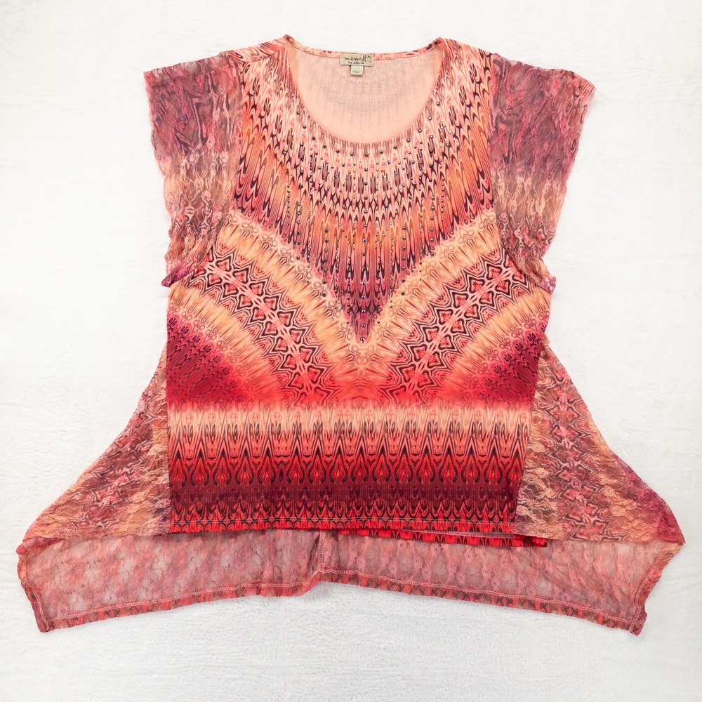 One World Womens Top XL Red Pink Geometric Lace Studded Sharkbite Hem Boho